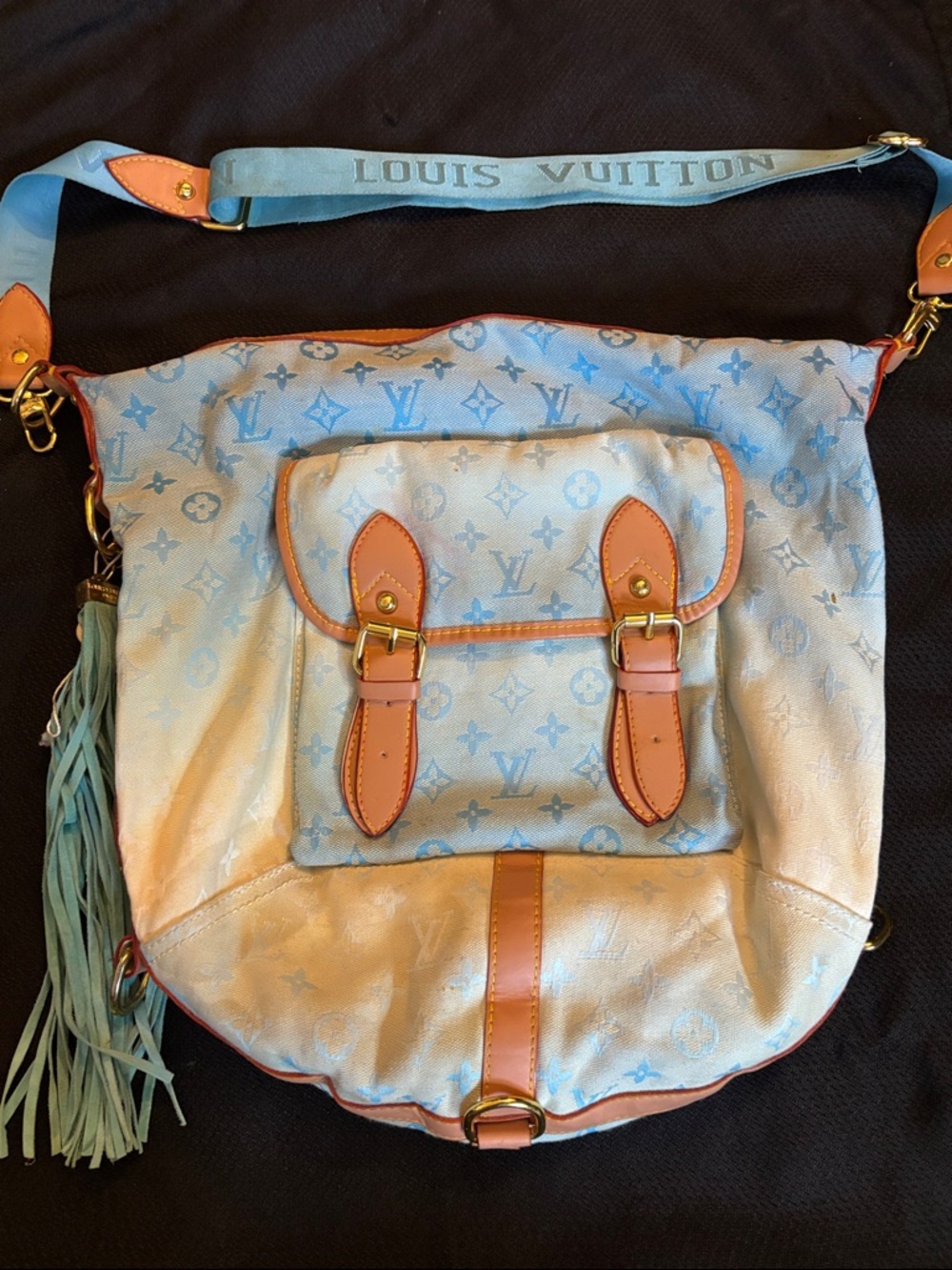 Light Blue Monogram Canvas Shoulder Bag with Tan Trim
